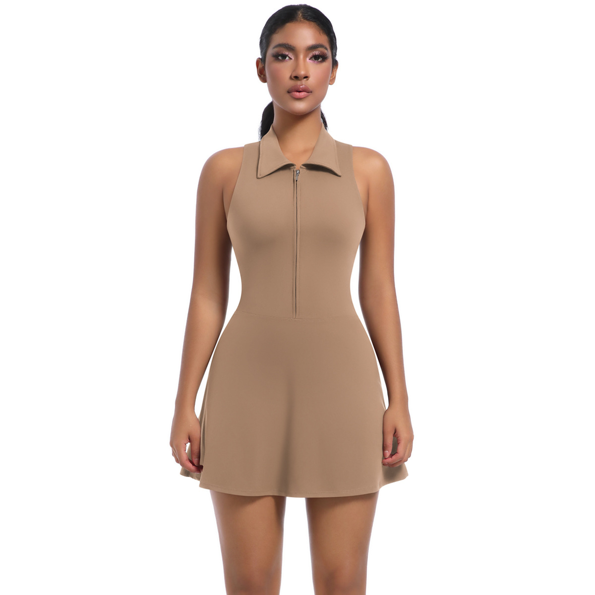 Tight Yoga Sports Turn-down Collar Romper with Tennis Skirt  6676
