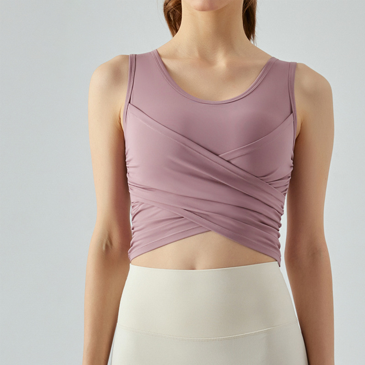 Cross-Pleated Yoga Tank Top with Built-in Pads DSG490