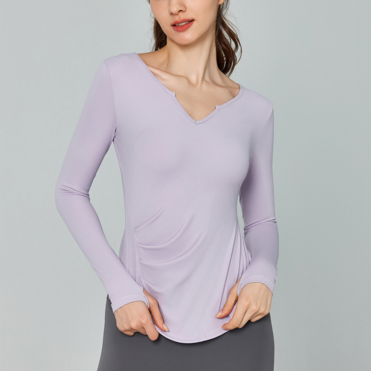 Solid Color Long-Sleeved V-Neck Quick-Drying Yoga Top  DWTS124113