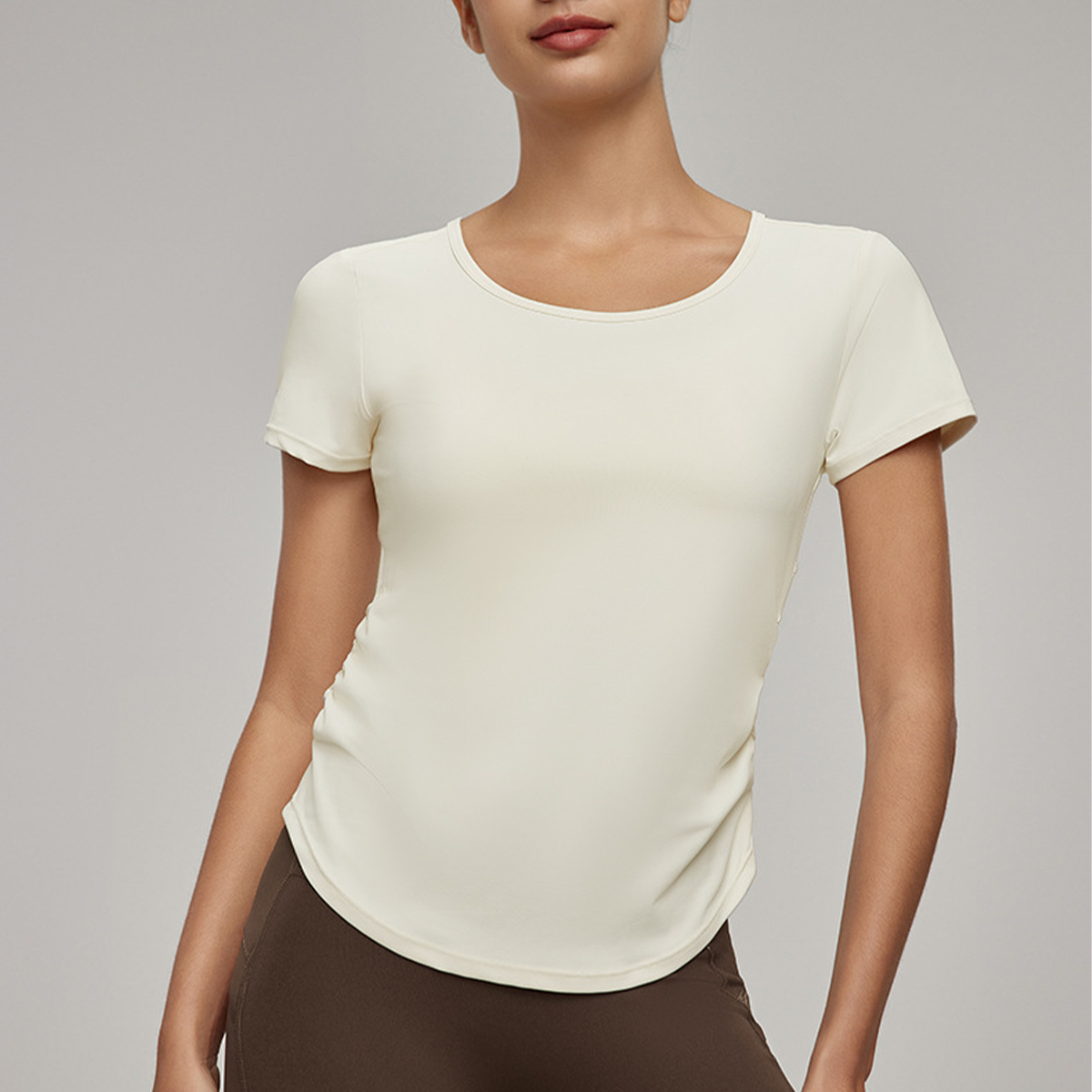Back Mesh Paneling Side-Pleated Breathable And Sun-Protective Fitness Top  DWY115119  