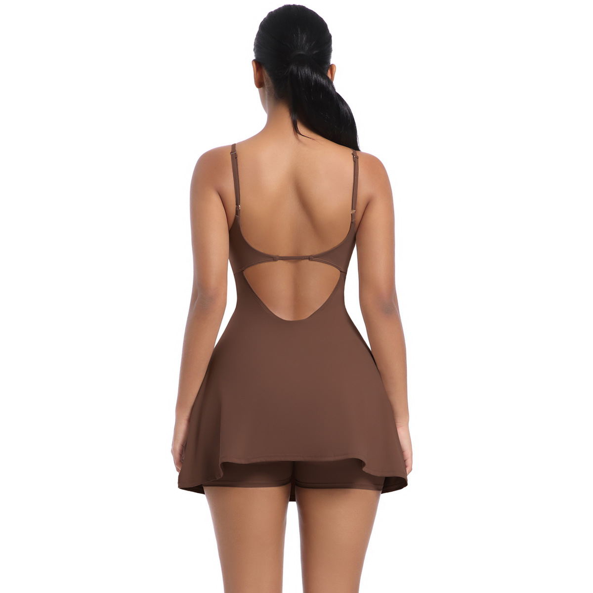 Padded Breathable Spaghetti-strap Yoga Romper with Tennis Skirt 7080