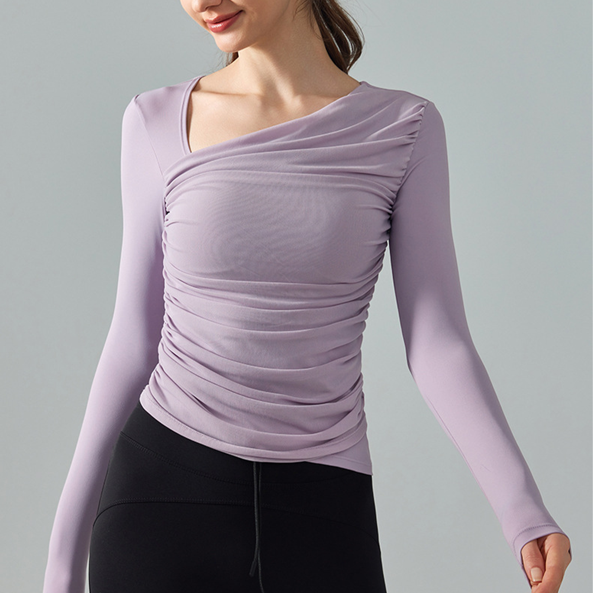 Diagonal Neck  Mesh Panels Long-Sleeved   Built-in Bra Yoga Top  DWTS124017 