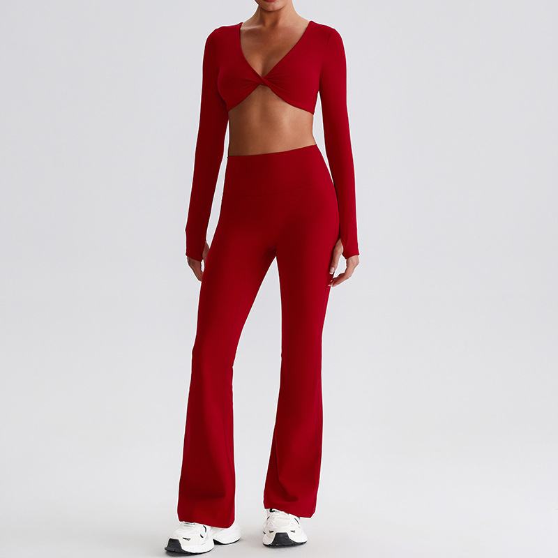 Flare Leggings And Knot Long - Sleeve Yoga Bra Set SKL-LQ0619