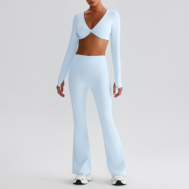 Pleated Micro - Flare Leggings And Knot Long - Sleeve Yoga Bra Set SKL-LQ8019