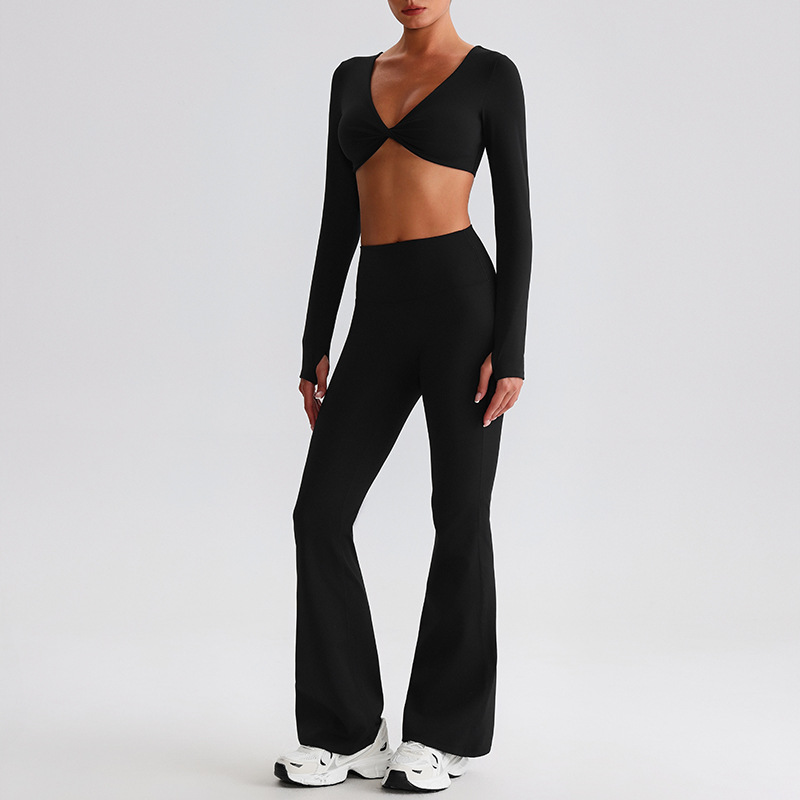Flare Leggings And Knot Long - Sleeve Yoga Bra Set SKL-LQ0619
