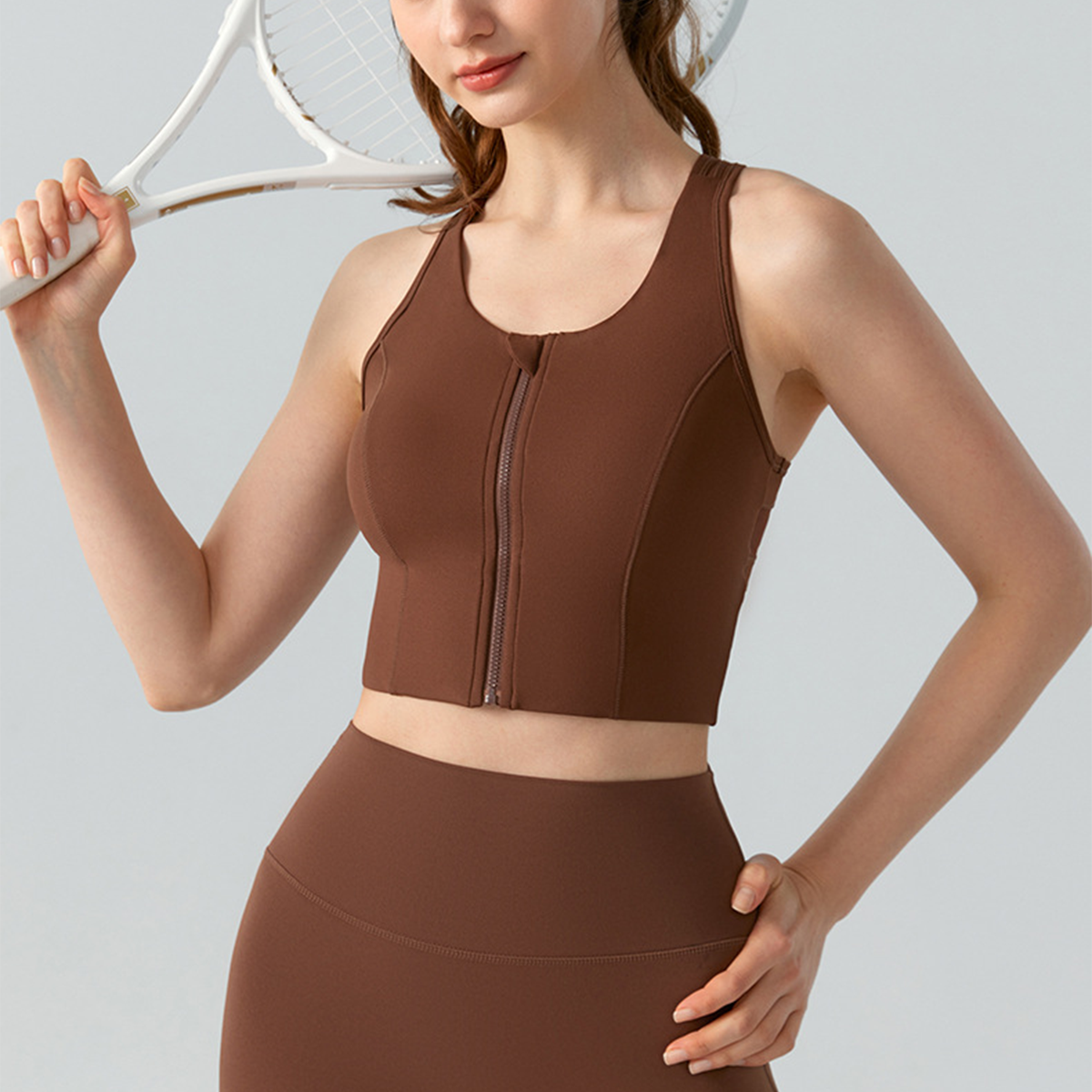 Front-Zip Yoga Tank Top with Back Mesh Paneling DSG815