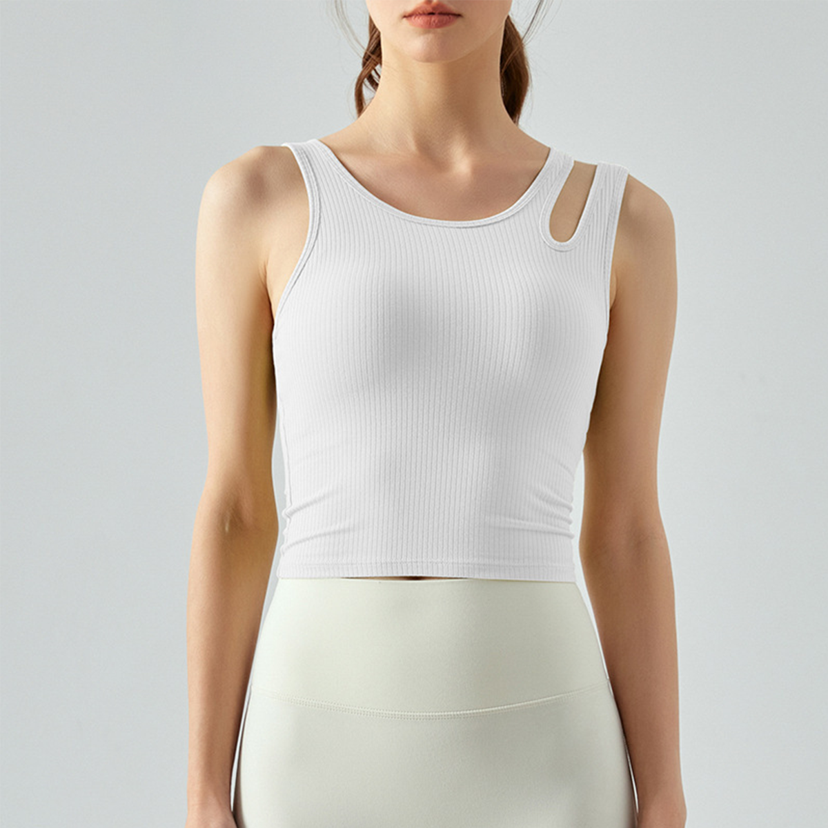 Asymmetric Hollow Shoulder Straps Built-in Bra Pads Yoga Vest DSG450
