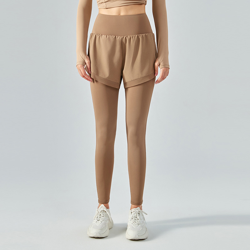 High-Waisted Fake Two-Piece Yoga Long Pants with Mesh Paneling  DSP351 