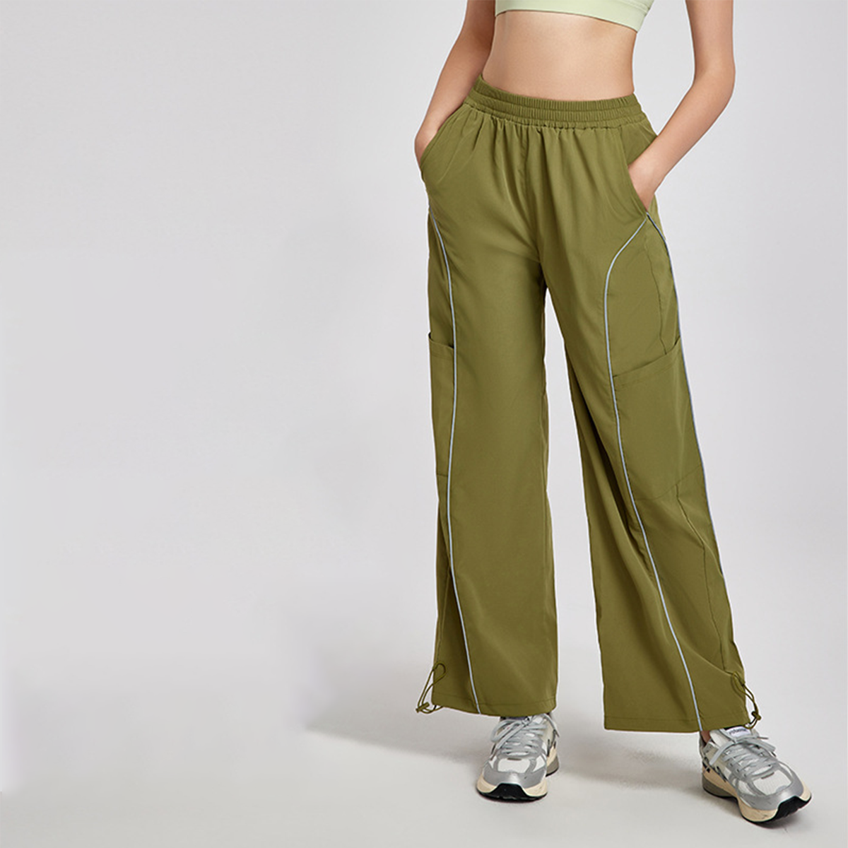 Drawstring Athletic Long Pants with Reflective Stripes and Side Pockets  DWL115083