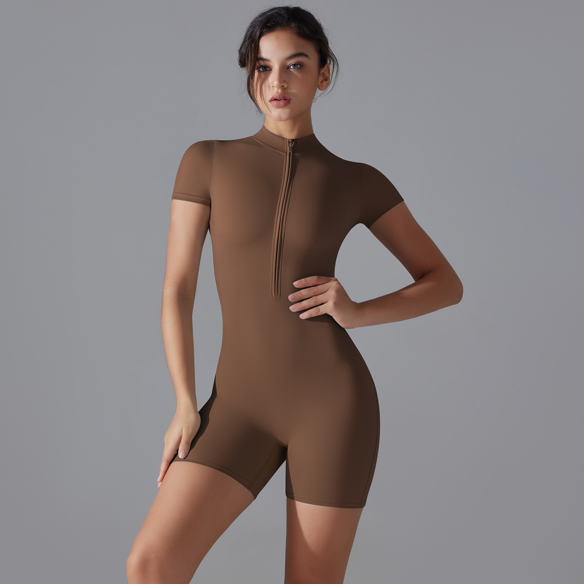 Stand Collar Half-Zipper Short-Sleeve Fitness Romper 6657