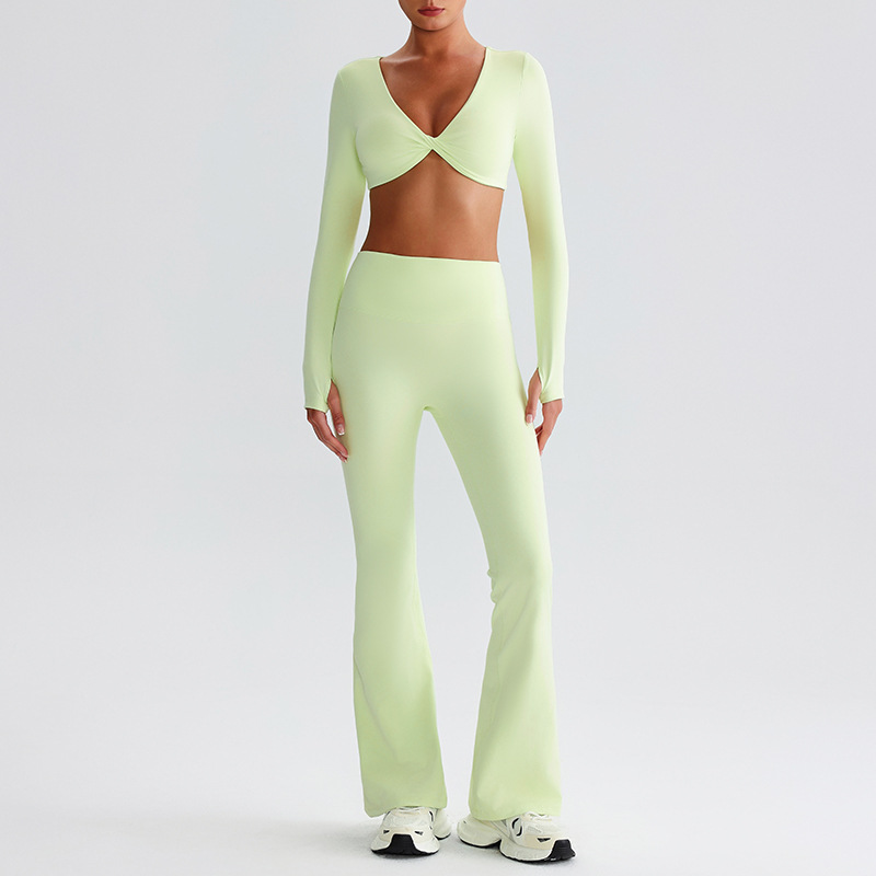 Pleated Micro - Flare Leggings And Knot Long - Sleeve Yoga Bra Set SKL-LQ8019