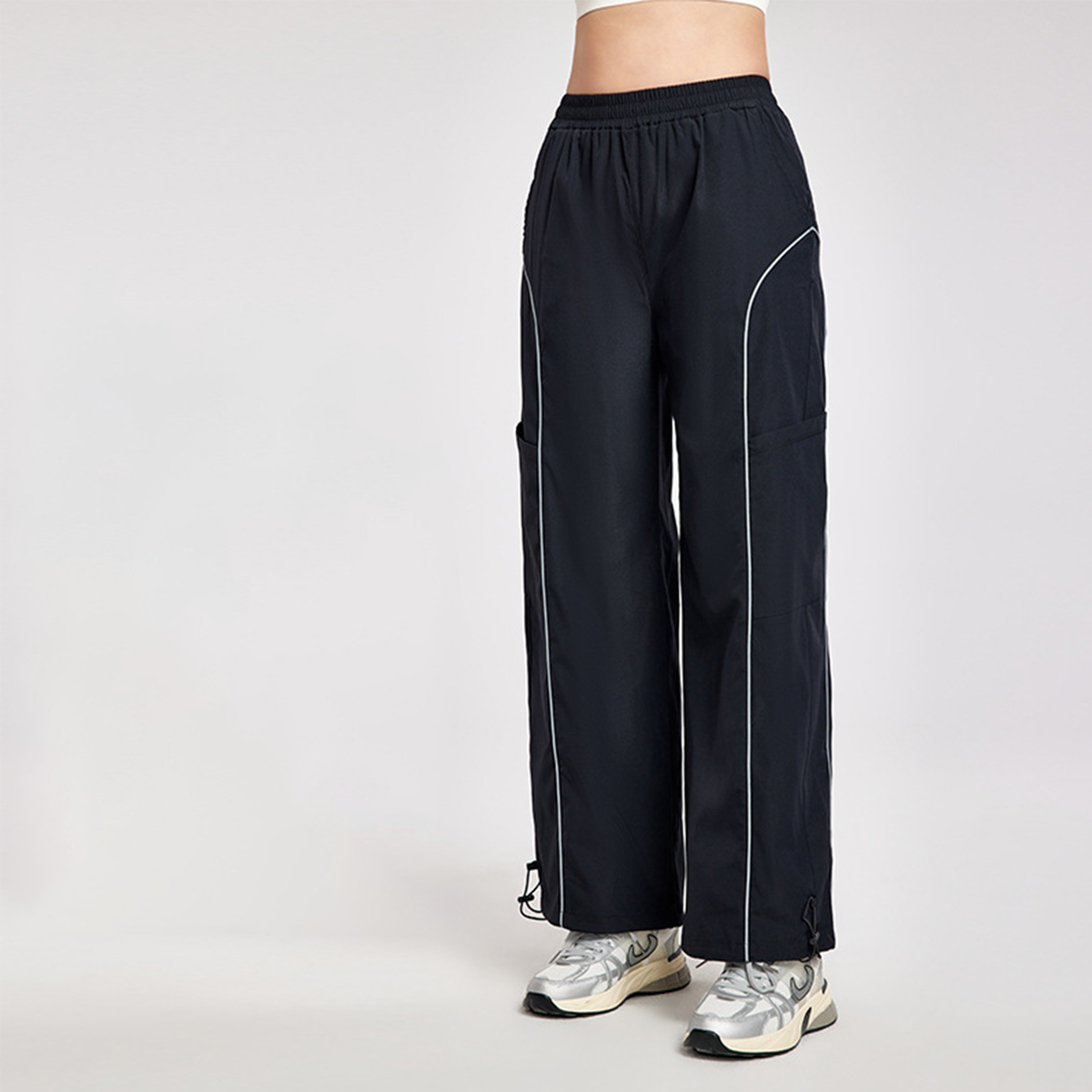 Drawstring Athletic Long Pants with Reflective Stripes and Side Pockets  DWL115083