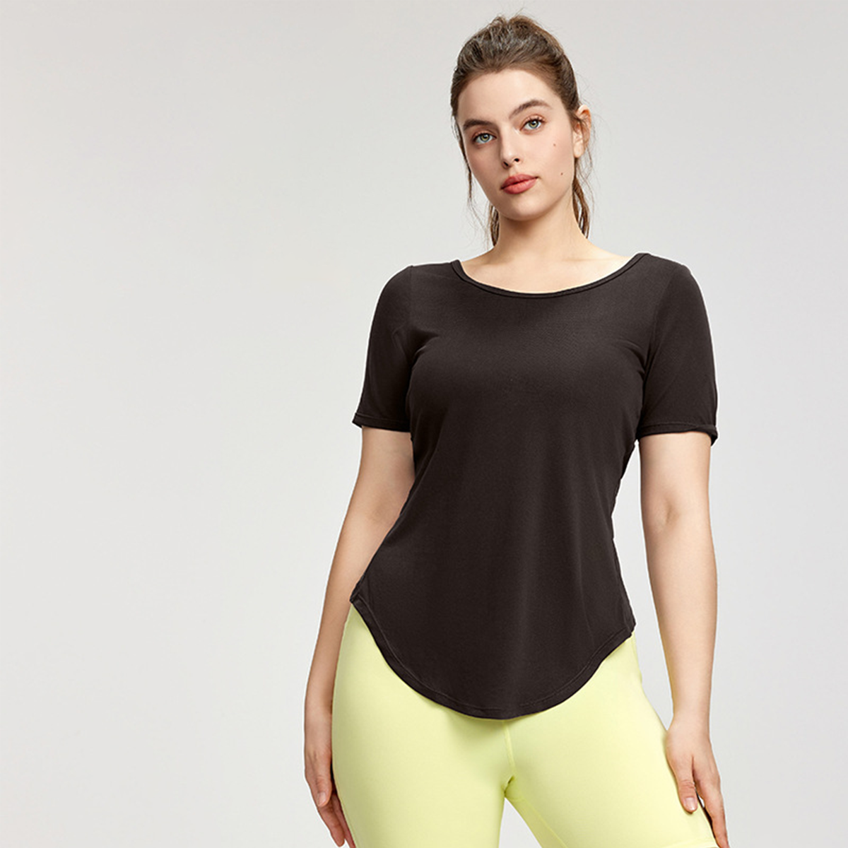 Back Twist-Knot Backless Plus-Size Yoga Short-Sleeve Top DWA215439