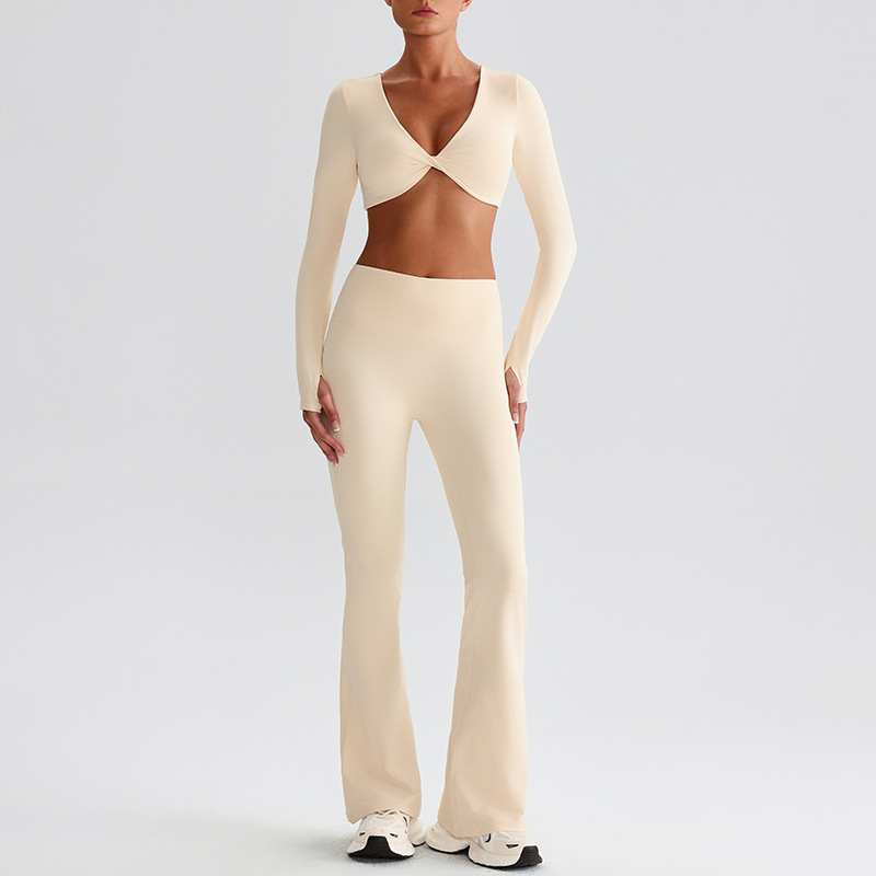 Pleated Micro - Flare Leggings And Knot Long - Sleeve Yoga Bra Set SKL-LQ8019