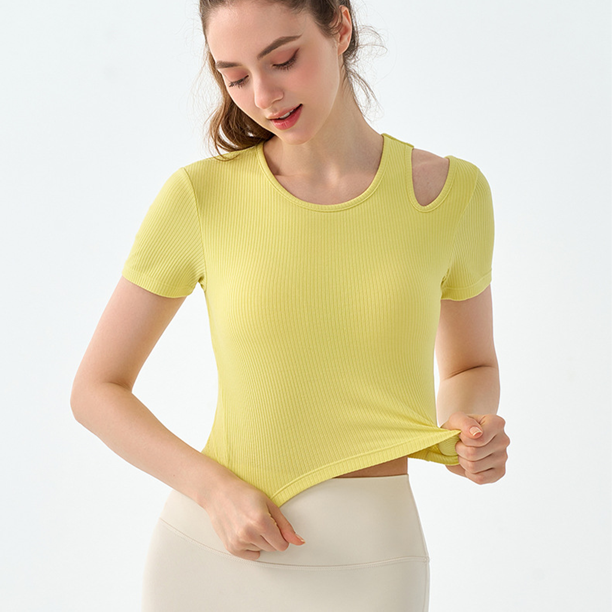 Asymmetric Hollow-Out Shoulder Strap Semi-Fixed Cup Fitness Short Sleeve DST865