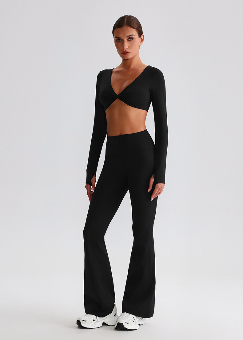 Flare Leggings And Knot Long - Sleeve Yoga Bra Set SKL-LQ0619