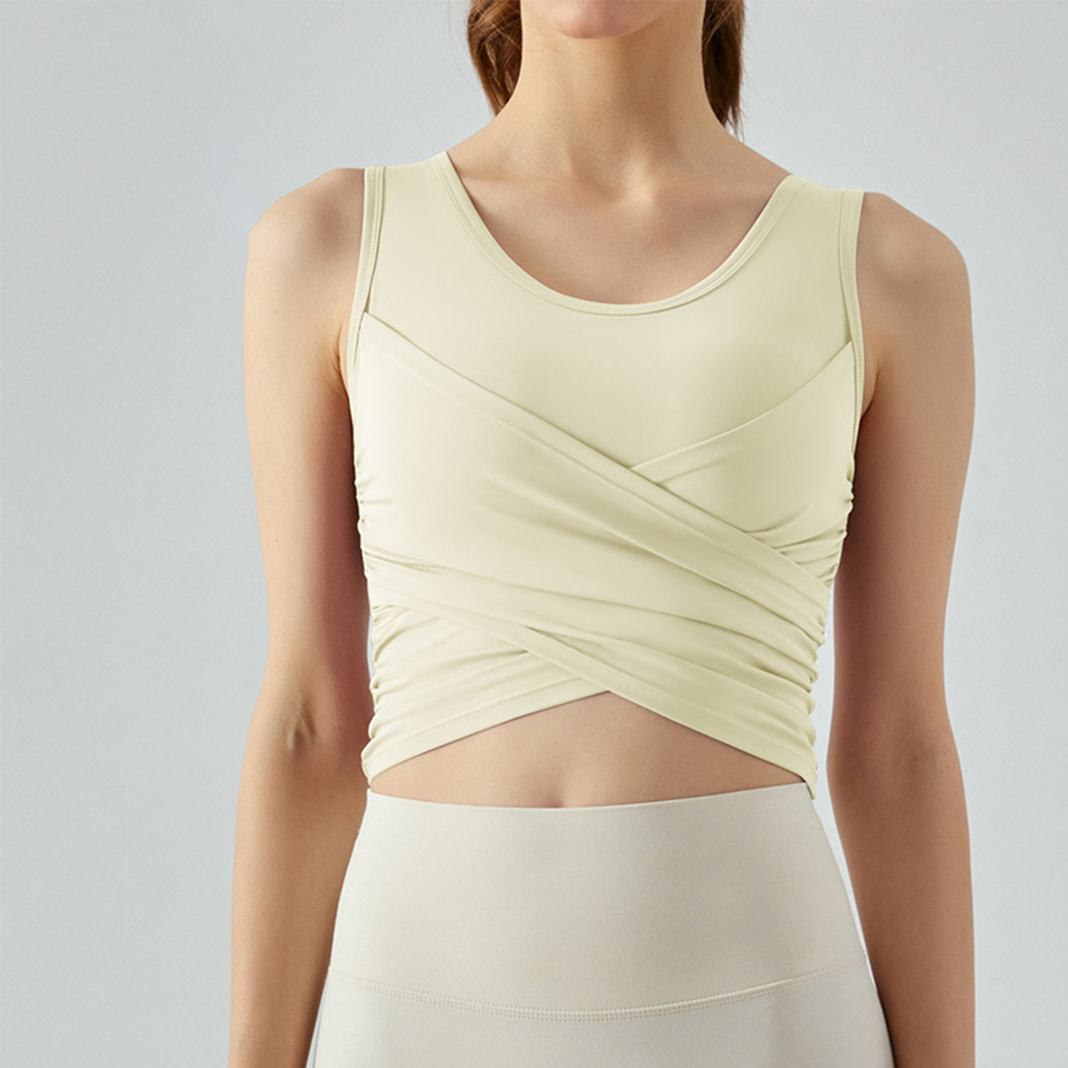 Cross-Pleated Yoga Tank Top with Built-in Pads DSG490