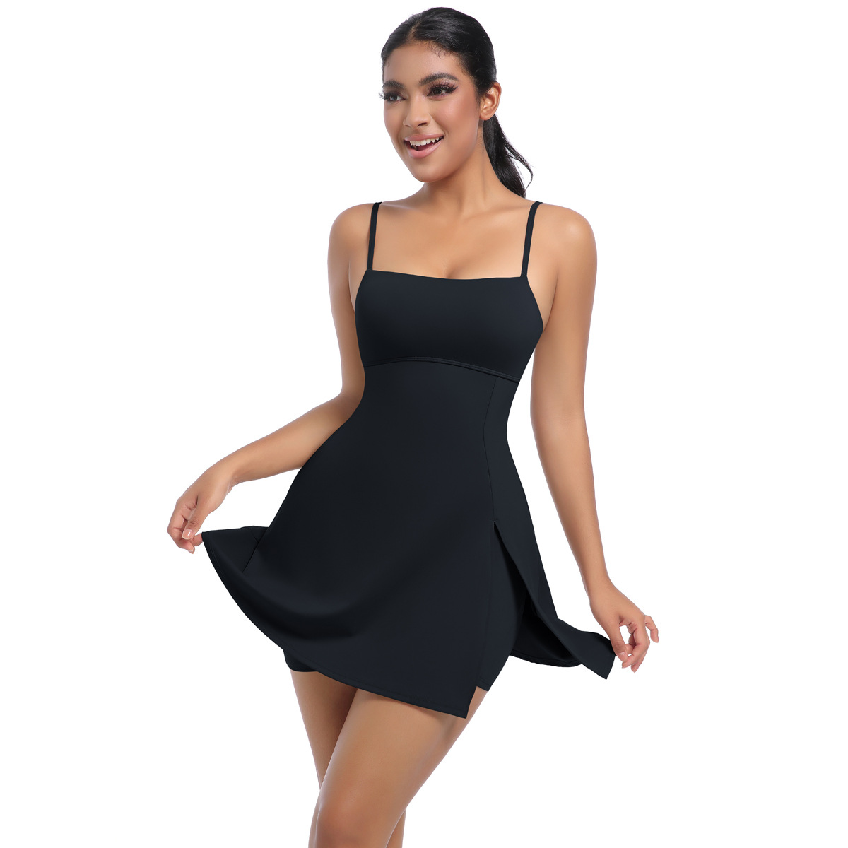 Padded Breathable Spaghetti-strap Yoga Romper with Tennis Skirt 7080
