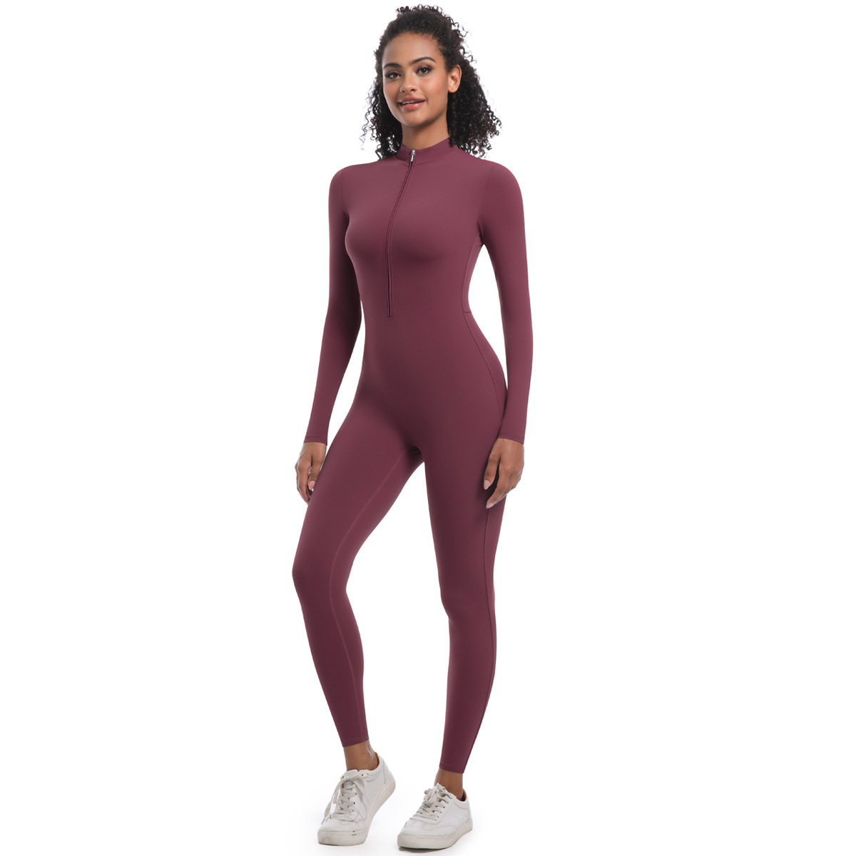 Zippered Naked-feeling Long-sleeve One-piece Yoga Suit 6685