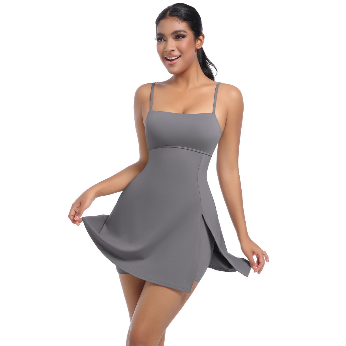 Padded Breathable Spaghetti-strap Yoga Romper with Tennis Skirt 7080