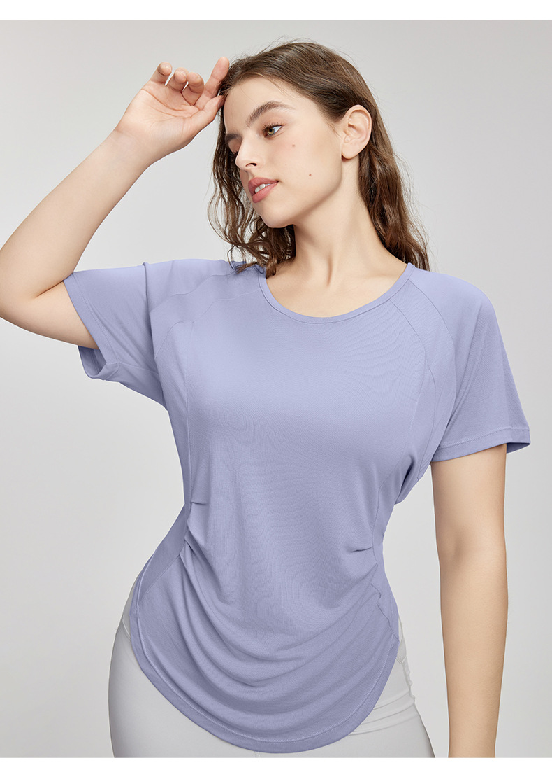 Waist-Pleated Slimming Plus-Size Yoga Tee with a Back Tie-Knot Design DWY215162