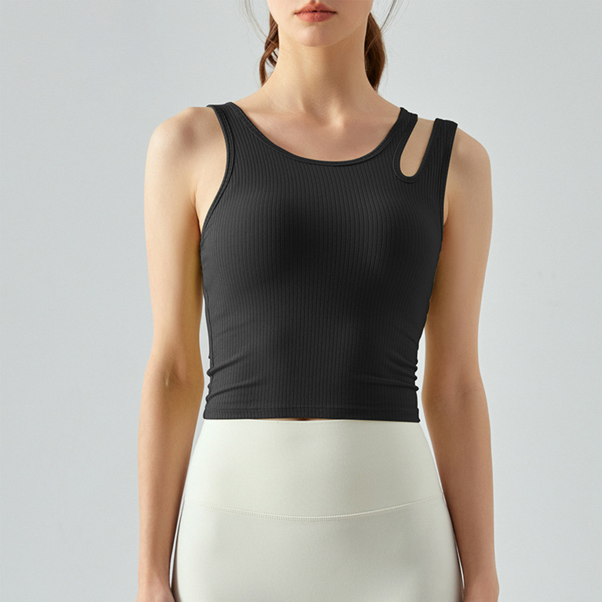 Asymmetric Hollow Shoulder Straps Built-in Bra Pads Yoga Vest DSG450