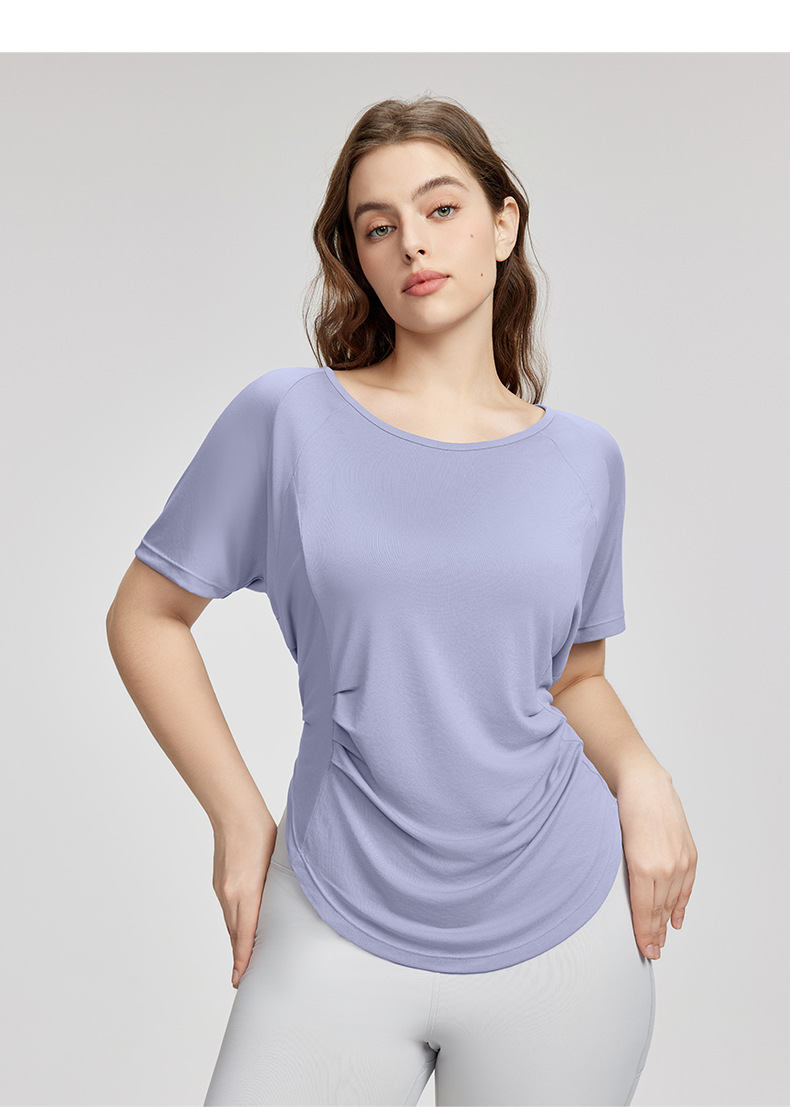 Waist-Pleated Slimming Plus-Size Yoga Tee with a Back Tie-Knot Design DWY215162