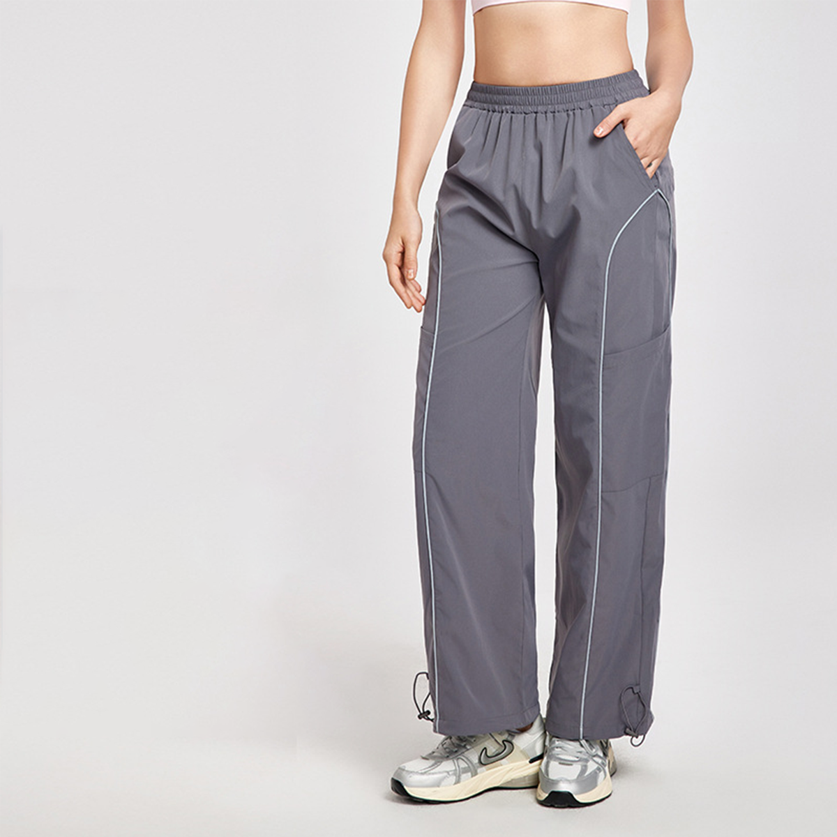 Drawstring Athletic Long Pants with Reflective Stripes and Side Pockets  DWL115083