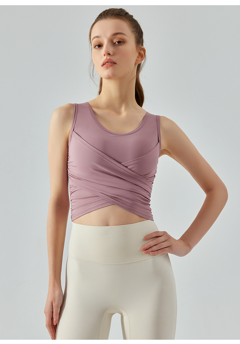 Cross-Pleated Yoga Tank Top with Built-in Pads DSG490