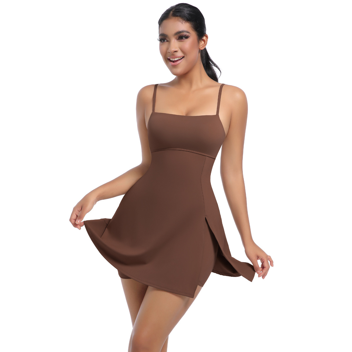 Padded Breathable Spaghetti-strap Yoga Romper with Tennis Skirt 7080