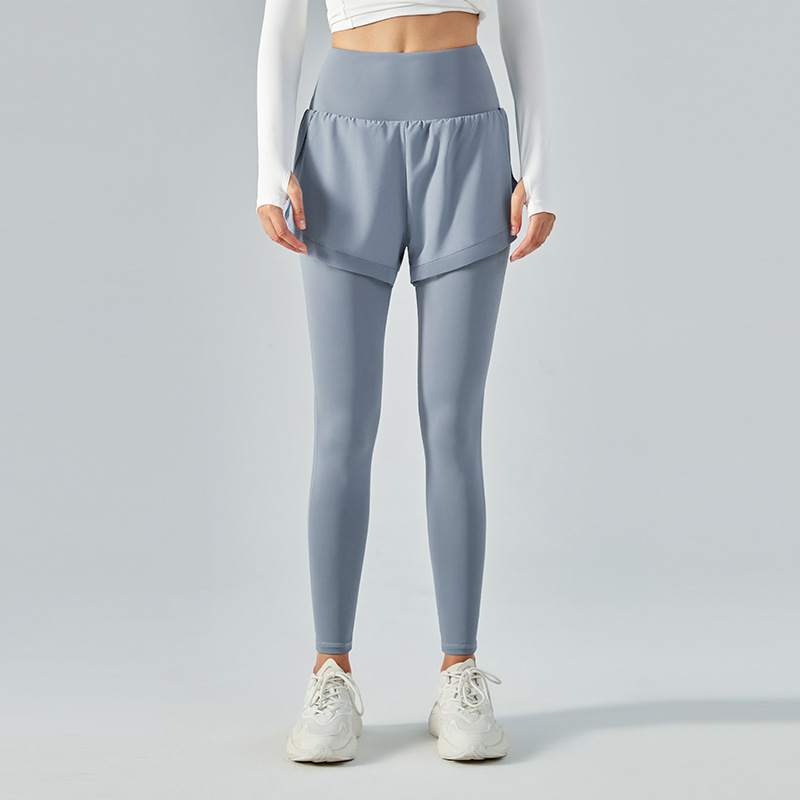 High-Waisted Fake Two-Piece Yoga Long Pants with Mesh Paneling  DSP351 