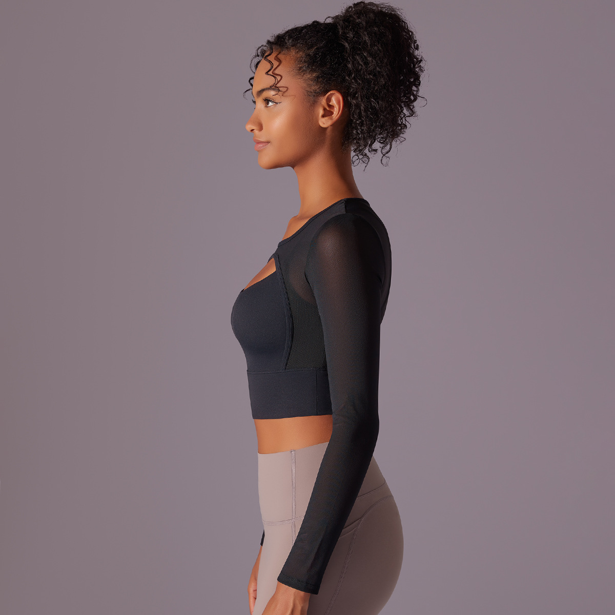Shockproof Gathering Mesh Long-sleeve Sports Bra 7041