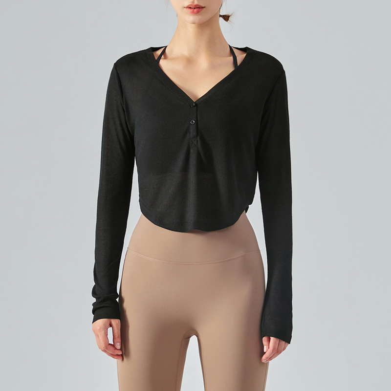 Loose V-Neck Lightweight Sheer Long-Sleeve Yoga Blouse DSL370 