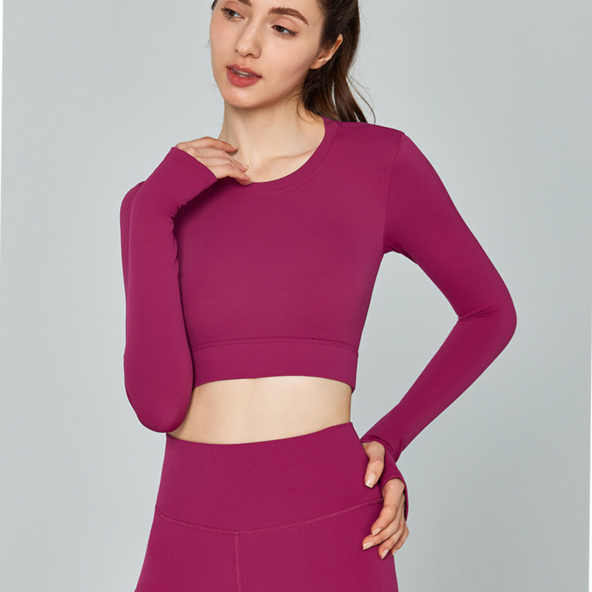 Solid Color Long-Sleeved V-Neck Quick-Drying Yoga Top  DWTS124113_复制