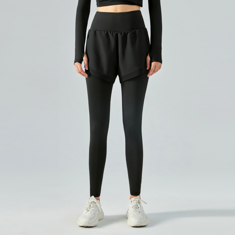 High-Waisted Fake Two-Piece Yoga Long Pants with Mesh Paneling  DSP351 