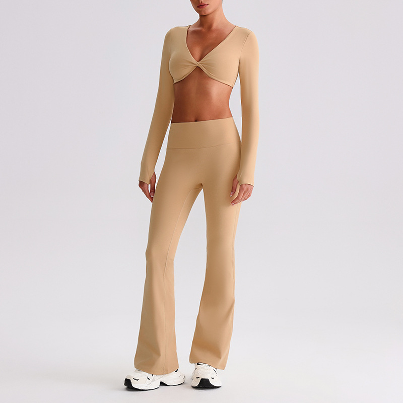 Pleated Micro - Flare Leggings And Knot Long - Sleeve Yoga Bra Set SKL-LQ8019