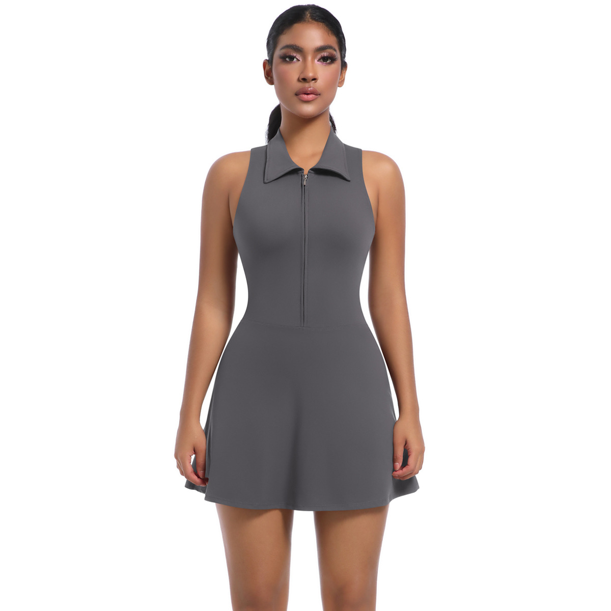 Tight Yoga Sports Turn-down Collar Romper with Tennis Skirt  6676