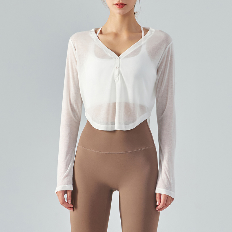 Loose V-Neck Lightweight Sheer Long-Sleeve Yoga Blouse DSL370 
