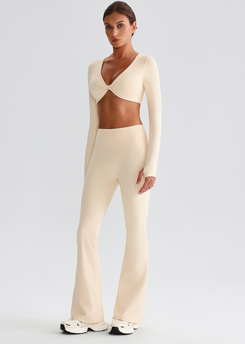 Pleated Micro - Flare Leggings And Knot Long - Sleeve Yoga Bra Set SKL-LQ8019