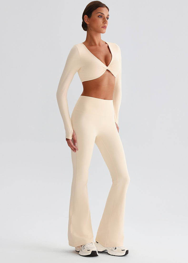 Pleated Micro - Flare Leggings And Knot Long - Sleeve Yoga Bra Set SKL-LQ8019