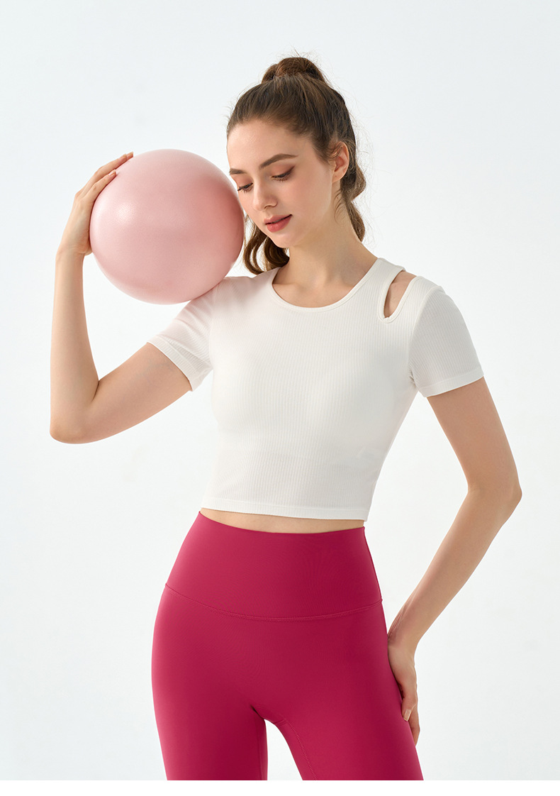 Asymmetric Hollow-Out Shoulder Strap Semi-Fixed Cup Fitness Short Sleeve DST865