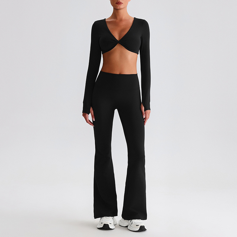Pleated Micro - Flare Leggings And Knot Long - Sleeve Yoga Bra Set SKL-LQ8019