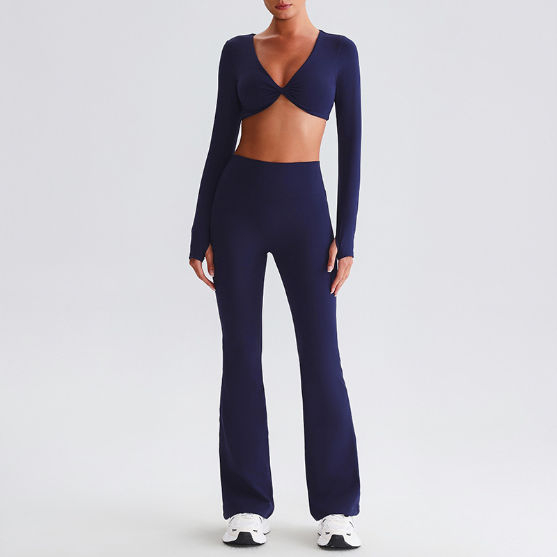 Pleated Micro - Flare Leggings And Knot Long - Sleeve Yoga Bra Set SKL-LQ8019
