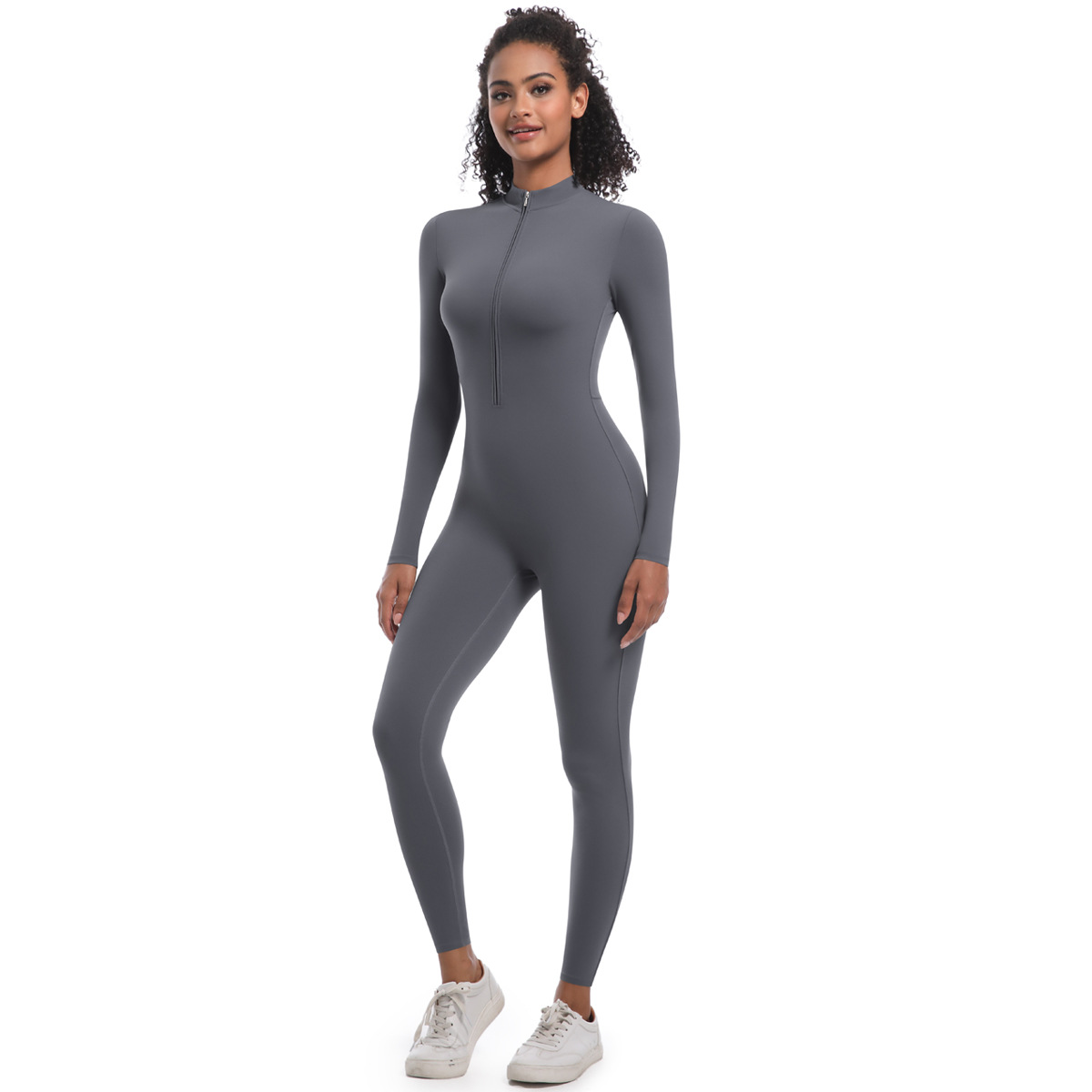 Zippered Naked-feeling Long-sleeve One-piece Yoga Suit 6685