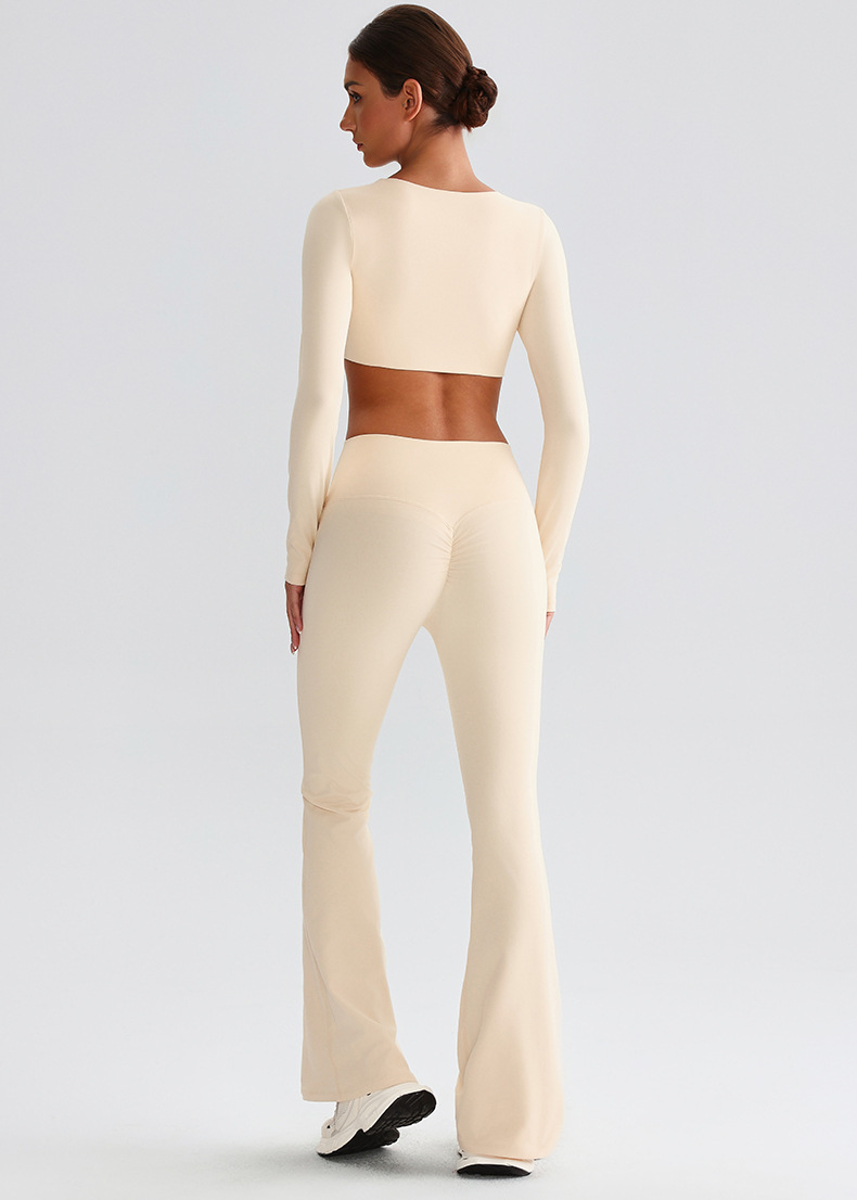 Pleated Micro - Flare Leggings And Knot Long - Sleeve Yoga Bra Set SKL-LQ8019
