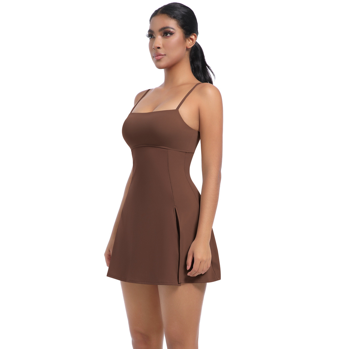 Padded Breathable Spaghetti-strap Yoga Romper with Tennis Skirt 7080