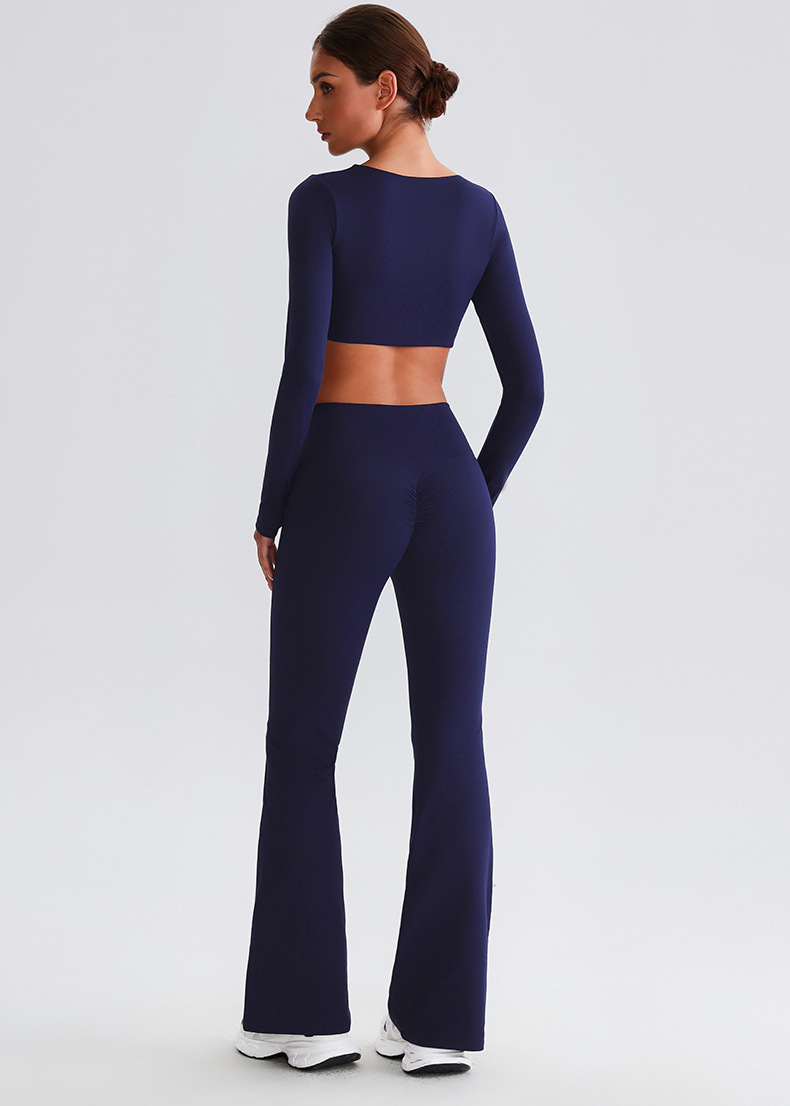 Pleated Micro - Flare Leggings And Knot Long - Sleeve Yoga Bra Set SKL-LQ8019