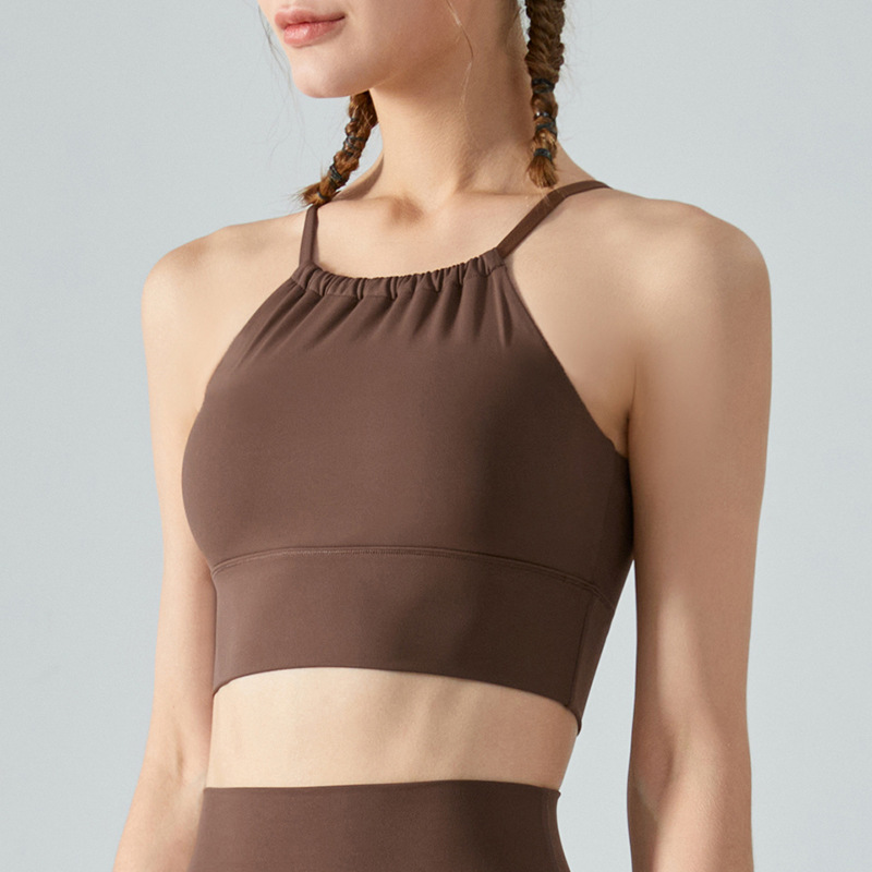 Ruffled Front Neckline Built-in Bra Pads Halter Neck Sports BraDSB292 