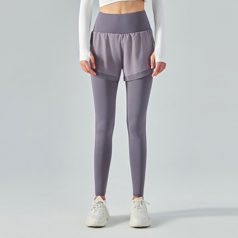 High-Waisted Fake Two-Piece Yoga Long Pants with Mesh Paneling  DSP351 