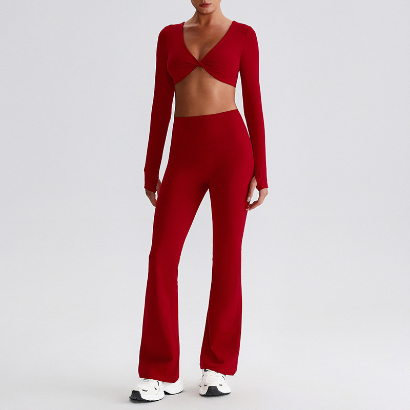Pleated Micro - Flare Leggings And Knot Long - Sleeve Yoga Bra Set SKL-LQ8019